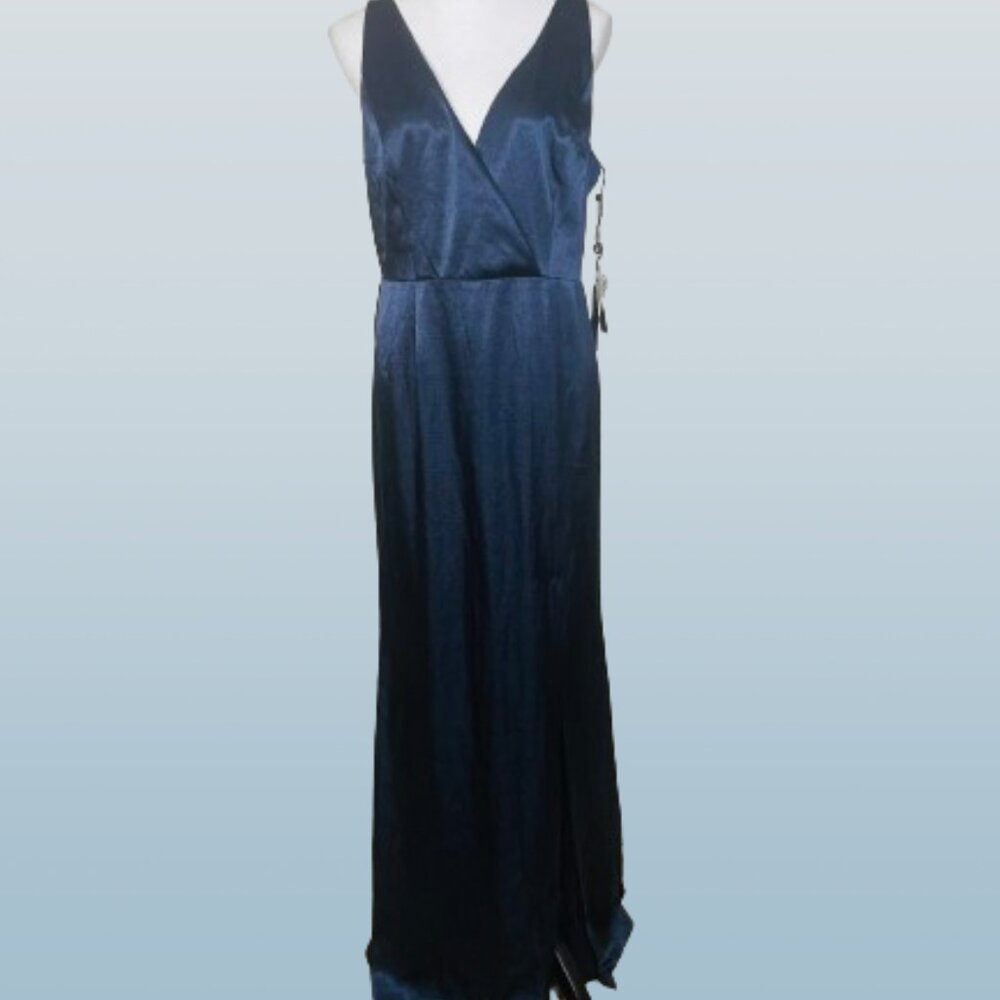 Adrianna Papell, New, navy satin column gown, 12